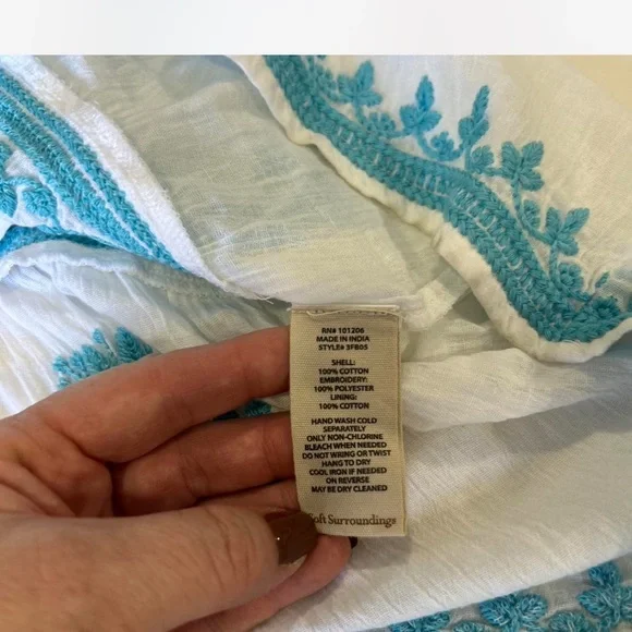 NWT |Soft Surroundings| Boho Midi Dress in White with Blue Floral Embroidery Med - Picture 7 of 10